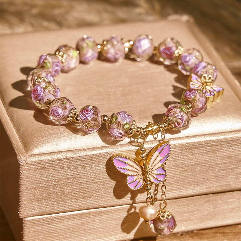Buddha Stones Double Butterflies Charm Flower Liuli Glass Beaded Love Bracelet