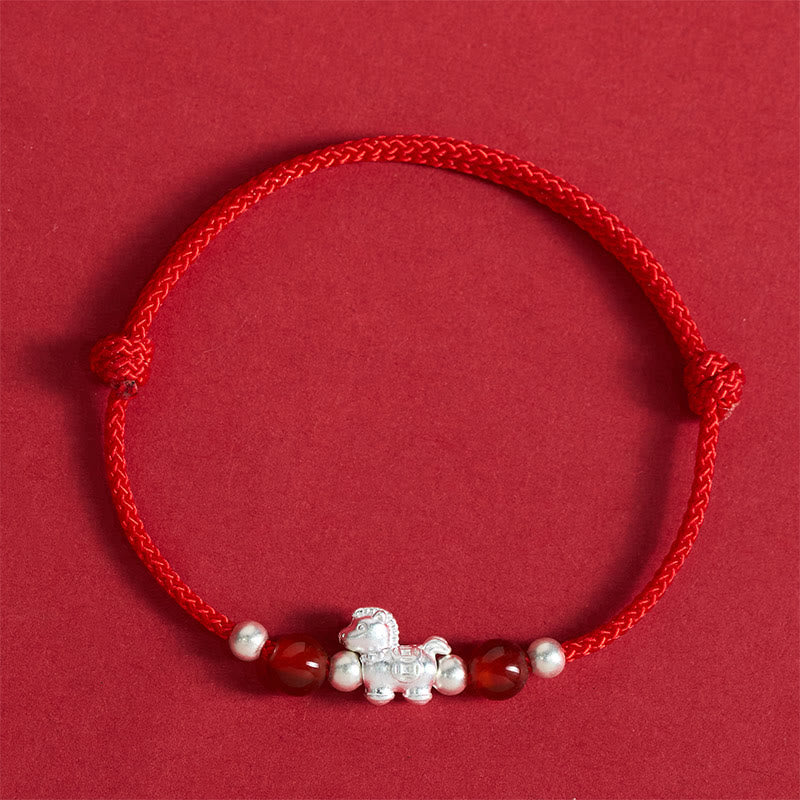 Buddha Stones 999 Sterling Silver Red Agate Year of the Horse Prosperity String Bracelet