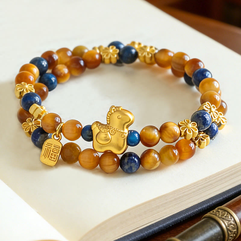 Buddha Stones Year of the Horse Fu Character Lazurite Lapis Lazuli Tiger Eye Serenity Double Wrap Bracelet