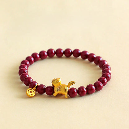 Buddha Stones Lucky Cat Charm Garnet Cinnabar Calm Protection Beaded Bracelet
