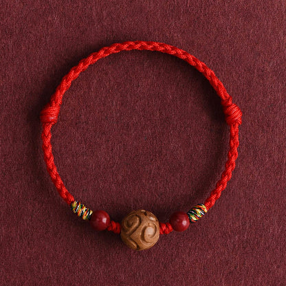 Buddha Stones Carved Auspicious Pattern Natural Peach Wood Rope Luck Bracelet