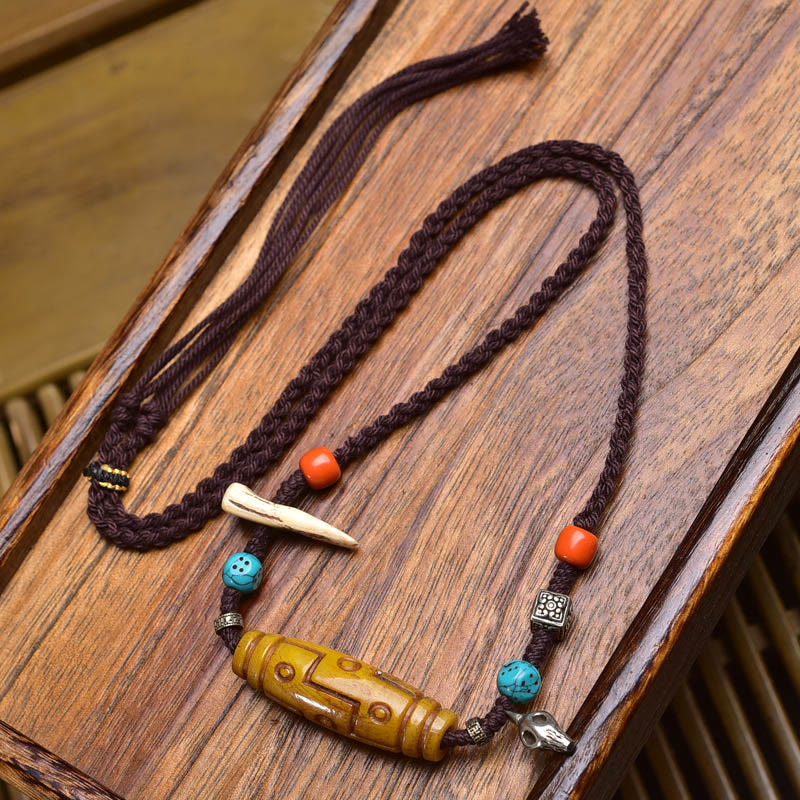 Buddha Stones Copper Nine-eye Dzi Bead Bone Bead Luck Balance Necklace Pendants
