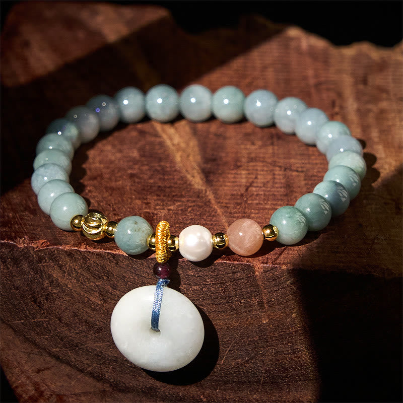 Buddha Stones Peace Buckle Jade Round Beaded Luck Auspicious Bracelet