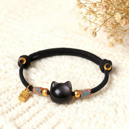 Buddha Stones Cat Fu Character Silver Sheen Obsidian Pink Crystal String Protection Bracelet