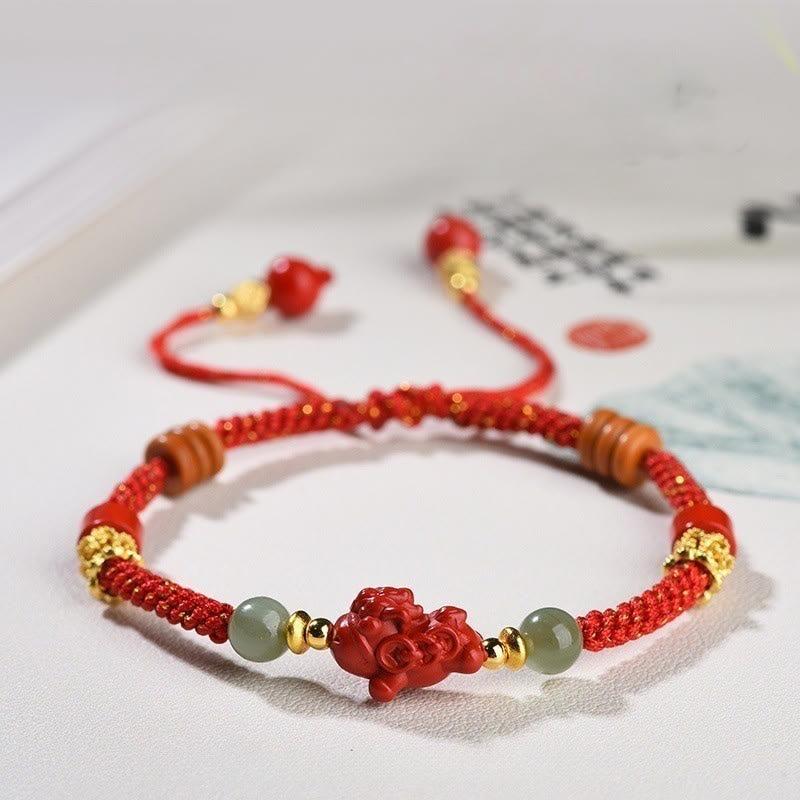 Buddha Stones Year of the Horse Cinnabar Hetian Jade Red String Blessing Bracelet