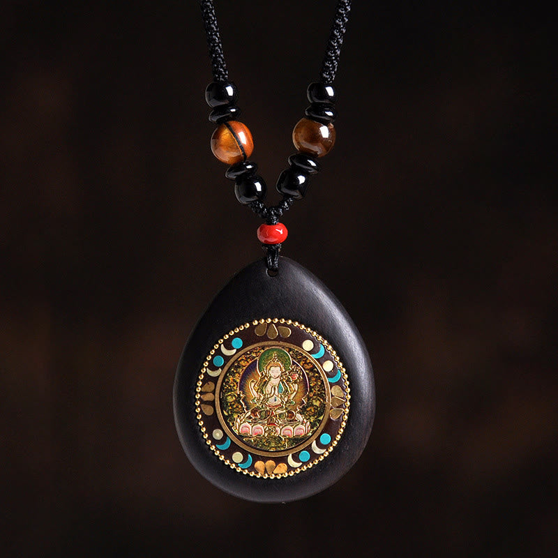 Buddha Stones Chinese Zodiac Natal Buddha Ebony Wood Tiger Eye Black Onyx Calm Necklace Pendants