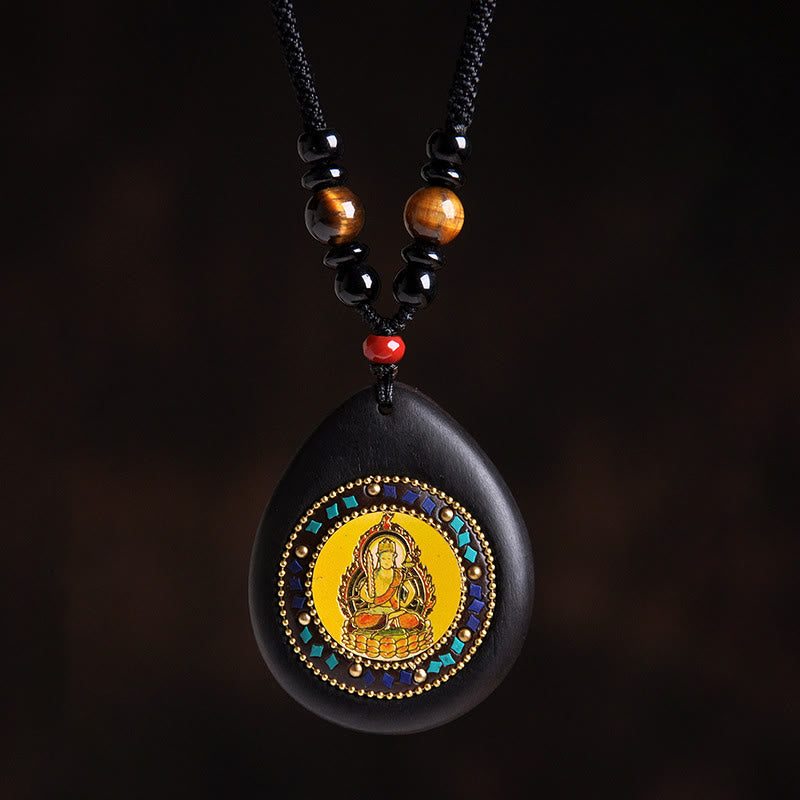Buddha Stones Chinese Zodiac Natal Buddha Ebony Wood Tiger Eye Black Onyx Calm Necklace Pendants