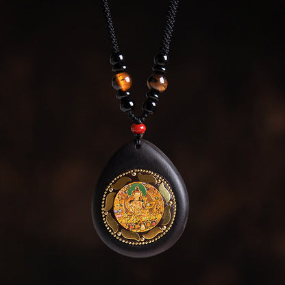 Buddha Stones Chinese Zodiac Natal Buddha Ebony Wood Tiger Eye Black Onyx Calm Necklace Pendants