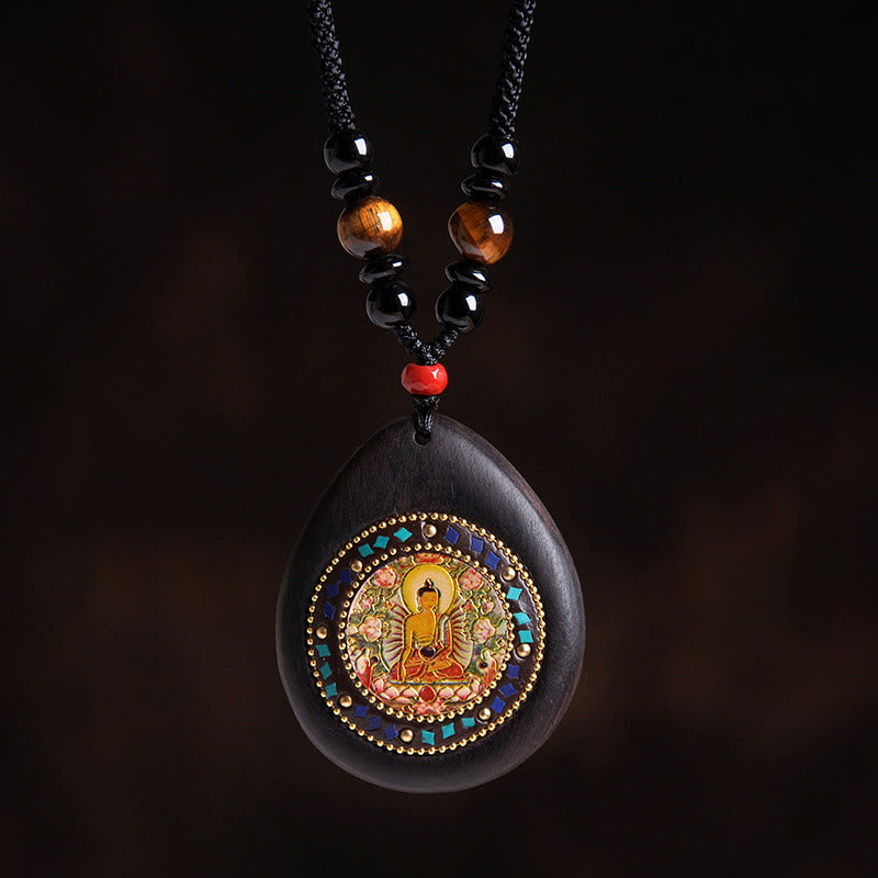 Buddha Stones Chinese Zodiac Natal Buddha Ebony Wood Tiger Eye Black Onyx Calm Necklace Pendants