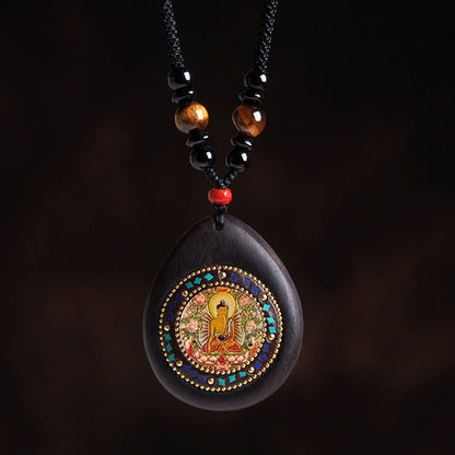 Buddha Stones Chinese Zodiac Natal Buddha Ebony Wood Tiger Eye Black Onyx Calm Necklace Pendants