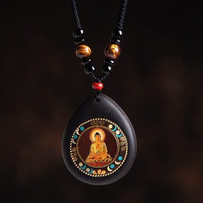 Buddha Stones Chinese Zodiac Natal Buddha Ebony Wood Tiger Eye Black Onyx Calm Necklace Pendants