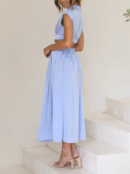 Cap Sleeve Belly-hollow Pleated Color Stand Collar Maxi Dresses