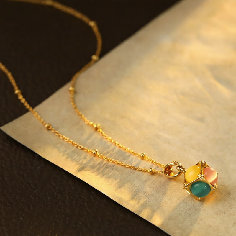 Buddha Stones Multicolored Cat's Eye Inlaid Design Cube Protection Necklace Pendant