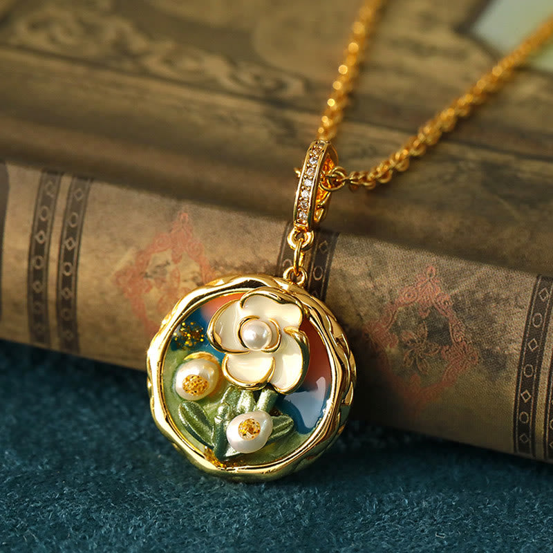 Buddha Stones Retro Round Oil Painting Flower Design Copper Wealth Necklace Pendant