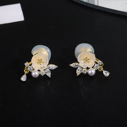 Buddha Stones White Rose Flower Zircon Copper Luck Clip-on Stud Earrings