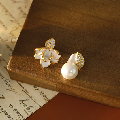 Buddha Stones Camellia Flower Zircon Copper Luck Stud Earrings