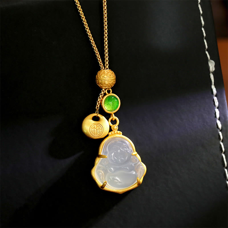 Buddha Stones Fu Character Laughing Buddha Chalcedony Copper Fortune Necklace Pendant