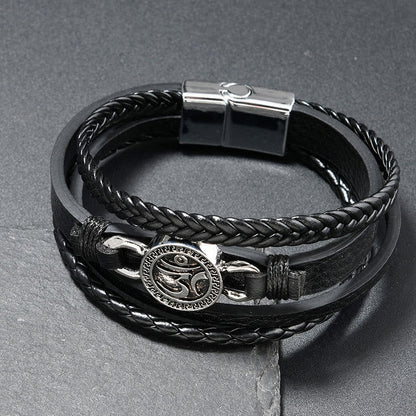 Buddha Stones Om Round Engraved Multilayered Braided Retro Leather Bracelet