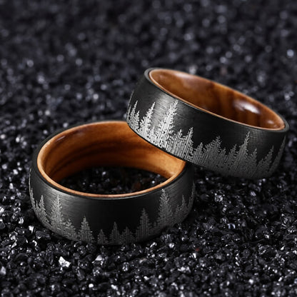 Buddha Stones Forest Pattern Wood Tungsten Steel Strength Ring