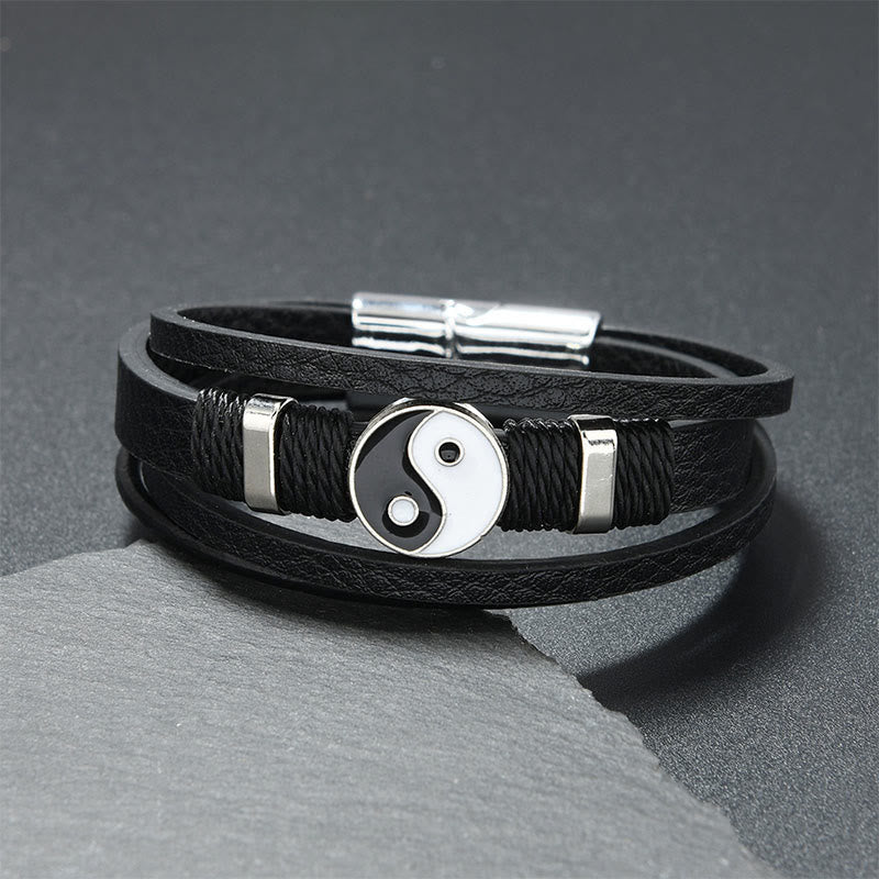 Buddha Stones Black White Yin Yang Multilayered Leather Balance Bracelet