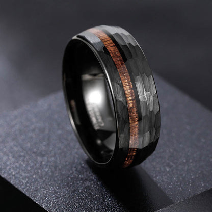 Buddha Stones Hammered Texture Inlay Tungsten Steel Endurance Ring