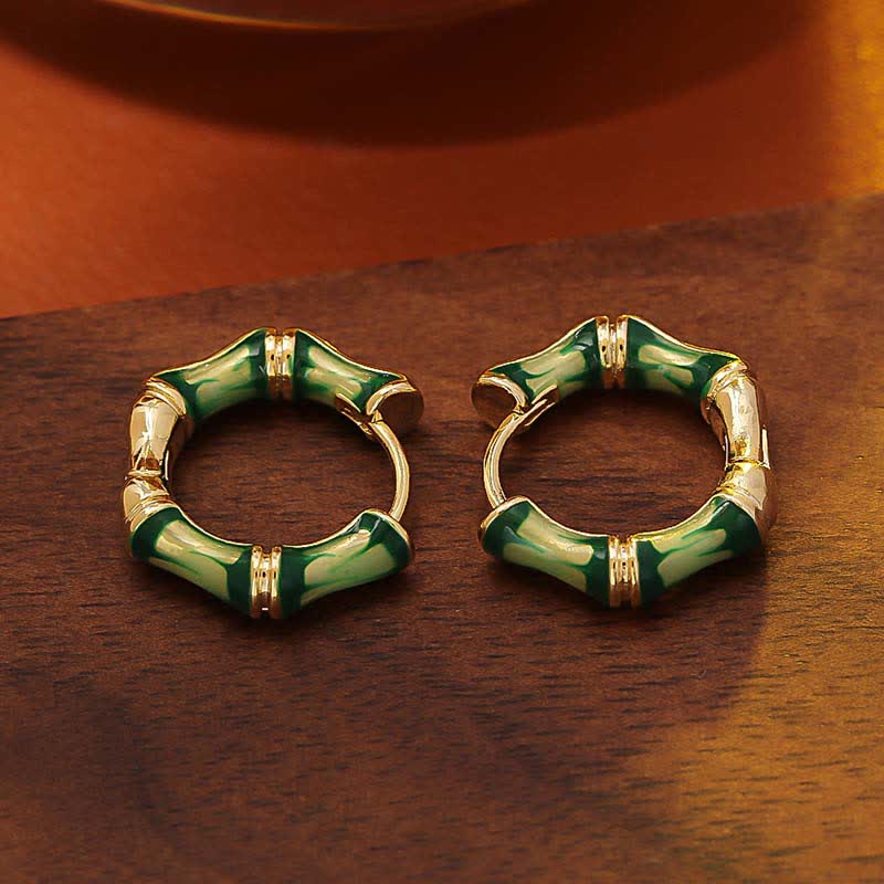 Buddha Stones Round Bamboo Dripping Design Copper Fortune Hoop Earrings