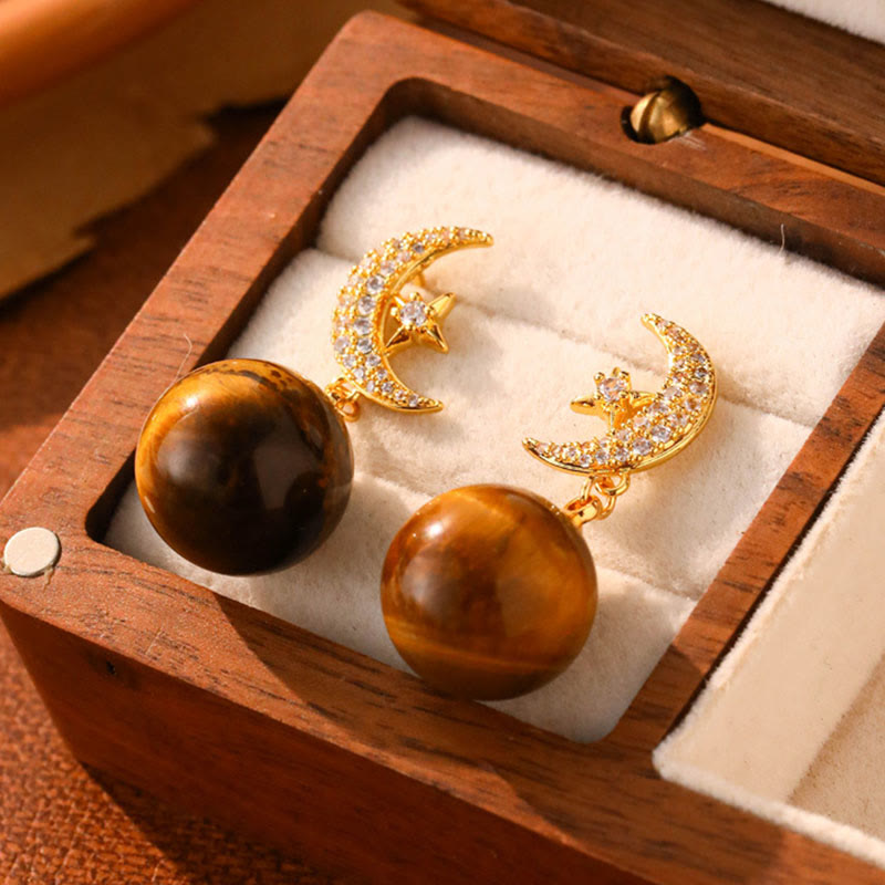 Buddha Stones Tiger Eye Round Bead Fish Tail Irregular Design Protection Earrings