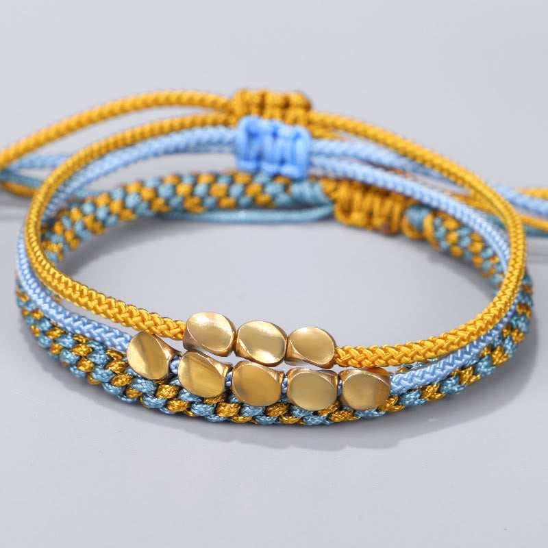 Buddha Stones 3pcs Blue Yellow String Golden Copper Beads Healing Bracelet