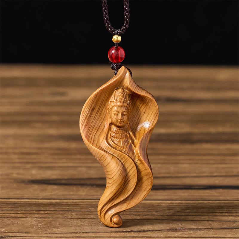 Buddha Stones Guanyin Kwan Yin Avalokiteśvara Lotus Leaf Platycladus Orientalis Wood Wealth Necklace Pendant