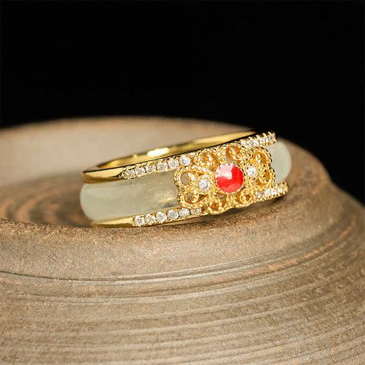 Buddha Stones Gold-plated Copper Glass Flower Wealth Ring