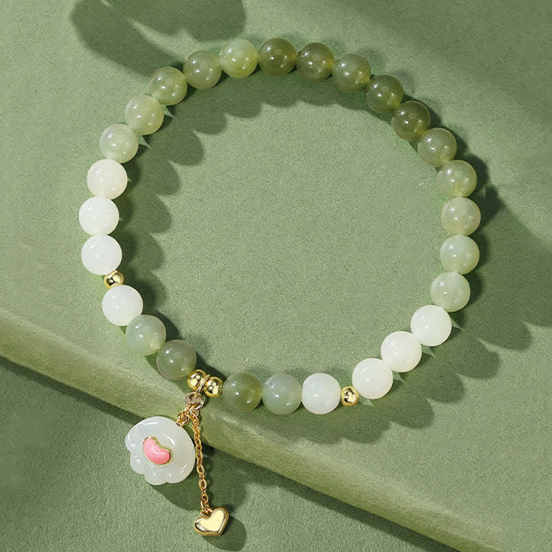 Buddha Stones Natural Hetian Jade Heart Cat Paw Design Abundance Bracelet