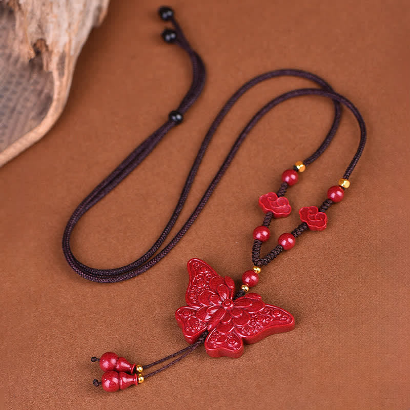 Buddha Stones Cinnabar Butterfly Freedom Rope Necklace