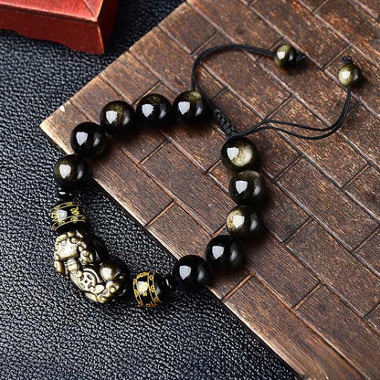 Buddha Stones Natural Gold Sheen Obsidian Pixiu Om Mani Padme Hum Protection Rope Bracelet