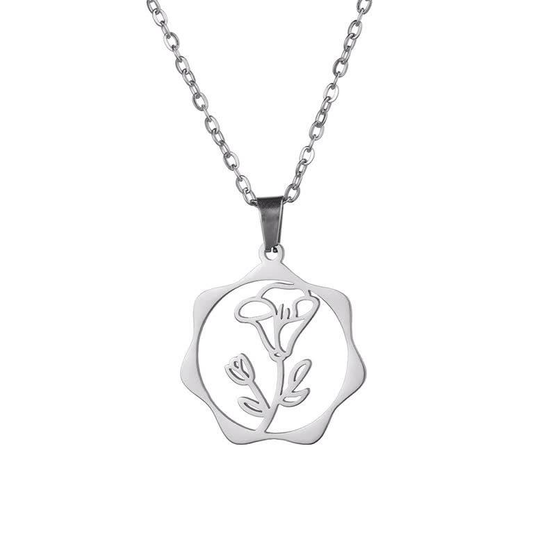 Buddha Stones Titanium Steel Birth Flower Lotus Enlightenment Pendant Necklace