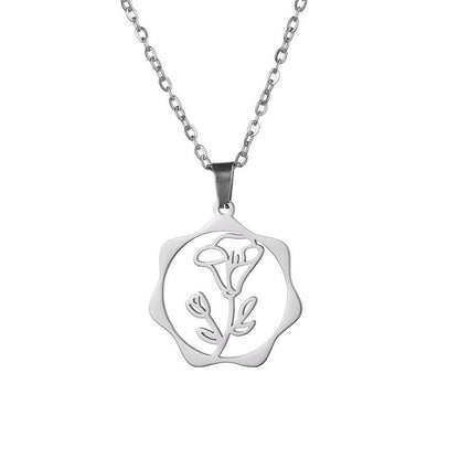 Buddha Stones Titanium Steel Birth Flower Lotus Enlightenment Pendant Necklace