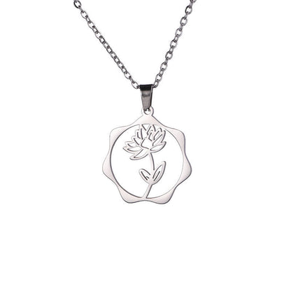 Buddha Stones Titanium Steel Birth Flower Lotus Enlightenment Pendant Necklace