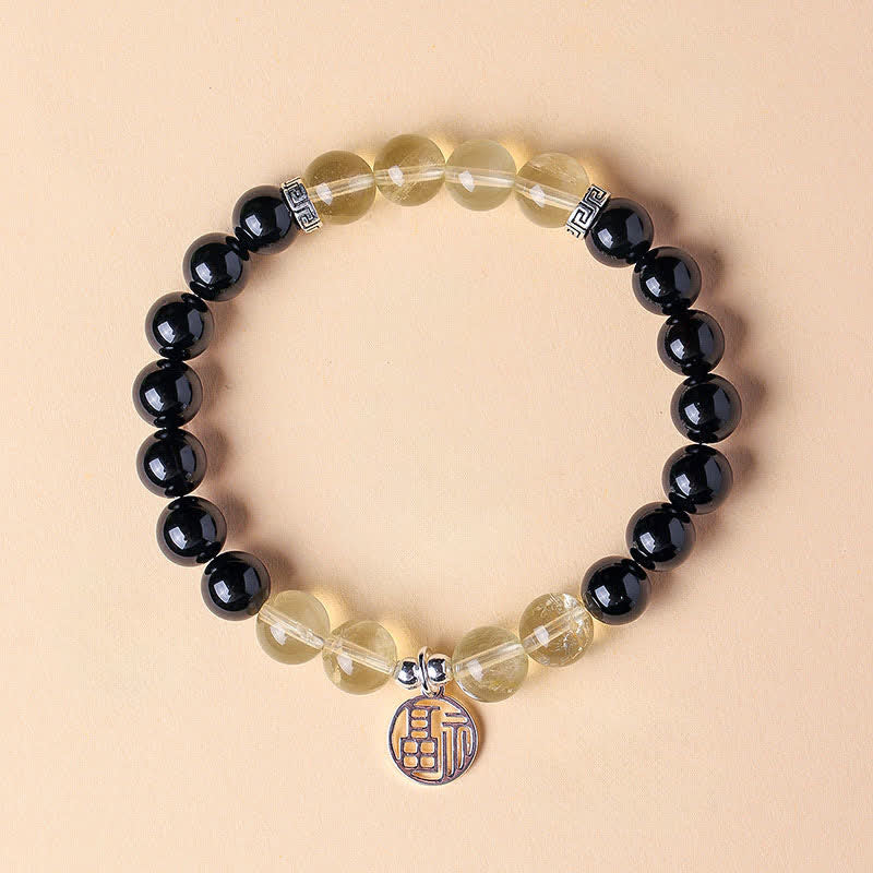 Buddha Stones Black Onyx Fu Character Beaded Luck Bracelet