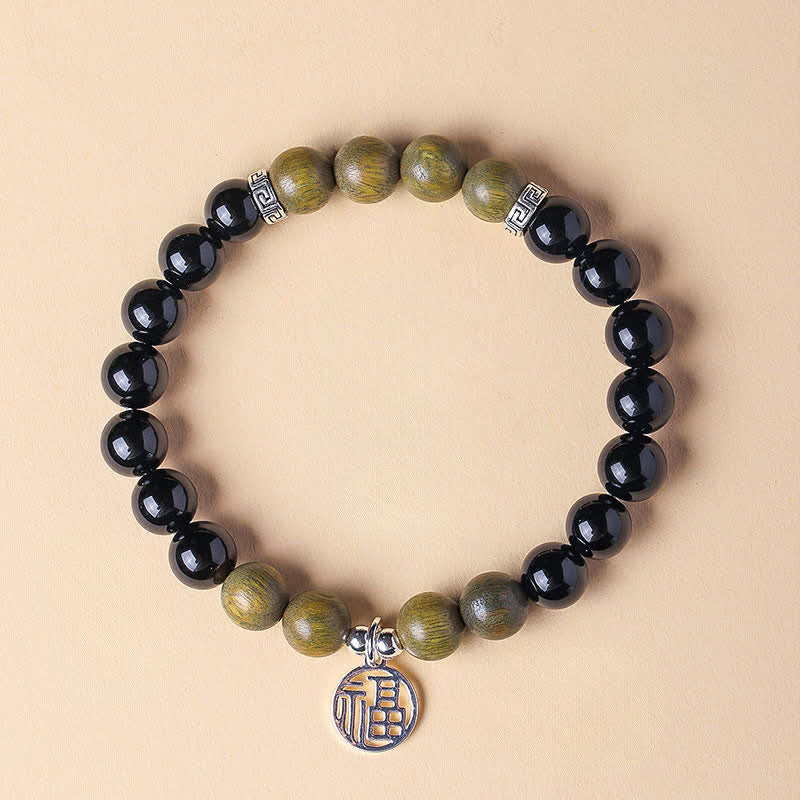 Buddha Stones Black Onyx Fu Character Beaded Luck Bracelet