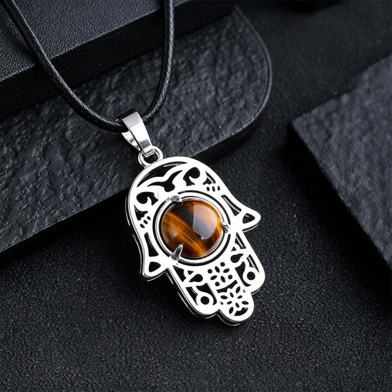Buddha Stones Natural Black Obsidian Hamsa Palm Inlay Crystal Strength Necklace