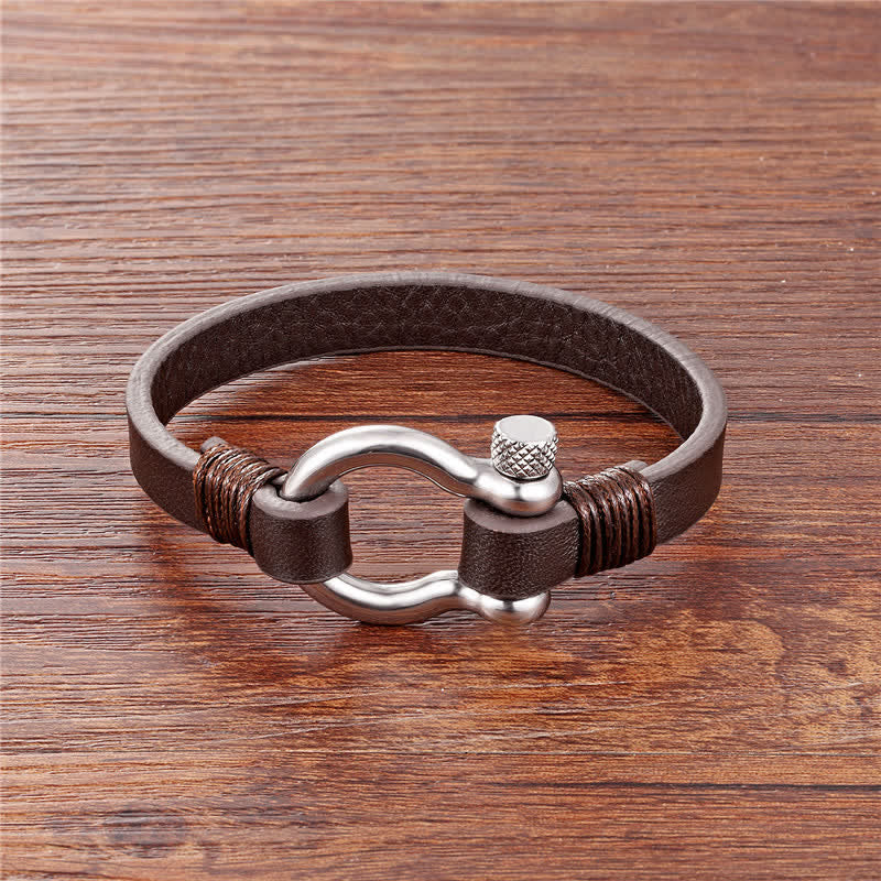 Buddha Stones Leather Titanium Steel Shackle Strength Bracelet