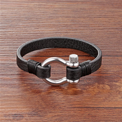 Buddha Stones Leather Titanium Steel Shackle Strength Bracelet