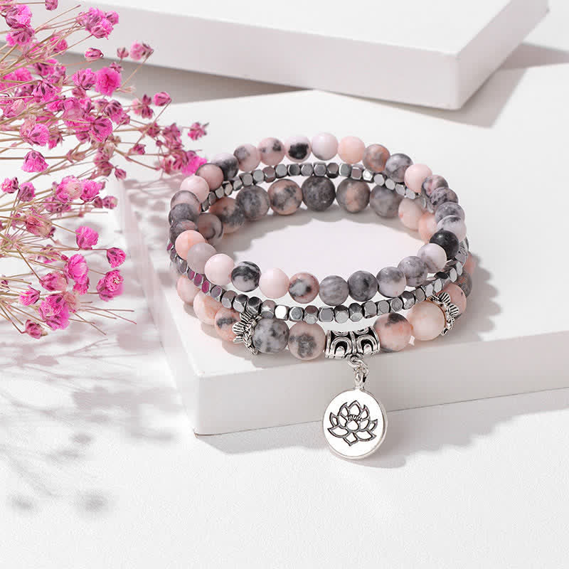 Buddha Stones 3pcs Zebra Jasper Lotus Enlightenment Beaded Bracelet