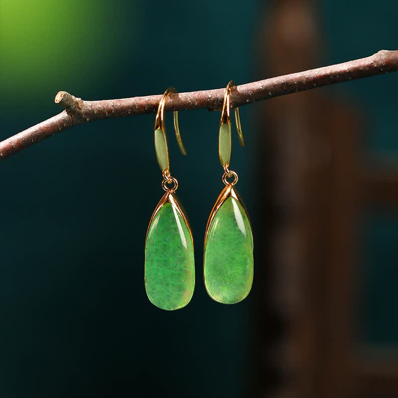 Buddha Stones Jade Teardrop Protection Gold Tone Earrings