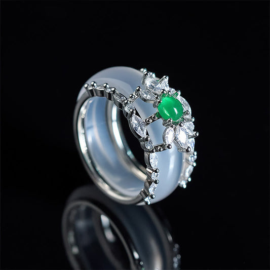 Buddha Stones Chalcedony Flower Green Zircon Positive Ring