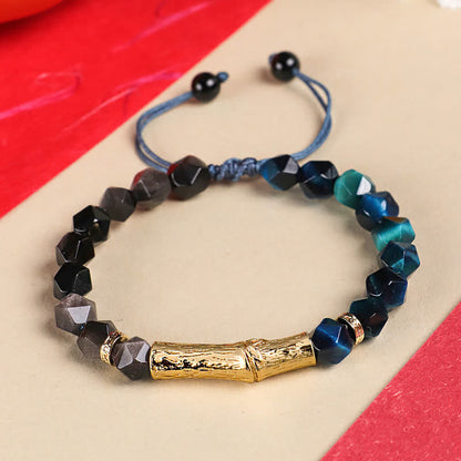 Buddha Stones Tiger Eye Silver Sheen Obsidian Bamboo Growth Faceted Bracelet