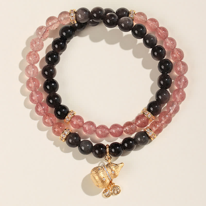 Buddha Stones Strawberry Quartz Gold-wire Gourd Love Blessing Wrap Bracelet