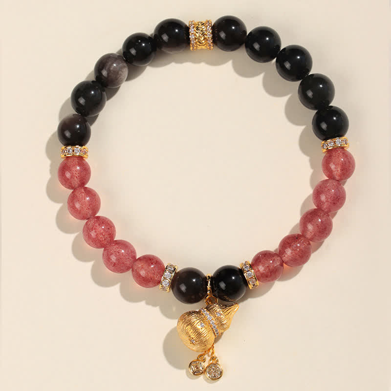Buddha Stones Strawberry Quartz Gold-wire Gourd Love Blessing Wrap Bracelet