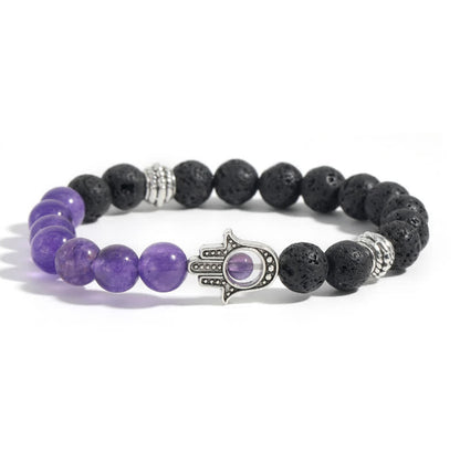 Buddha Stones Lava Rock Hamsa Palm Protection Handcrafted Round Bracelet