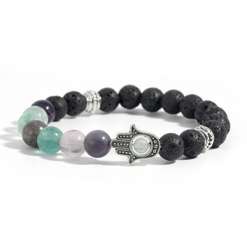 Buddha Stones Lava Rock Hamsa Palm Protection Handcrafted Round Bracelet