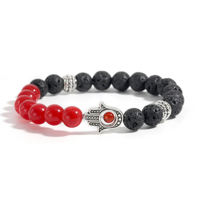 Buddha Stones Lava Rock Hamsa Palm Protection Handcrafted Round Bracelet